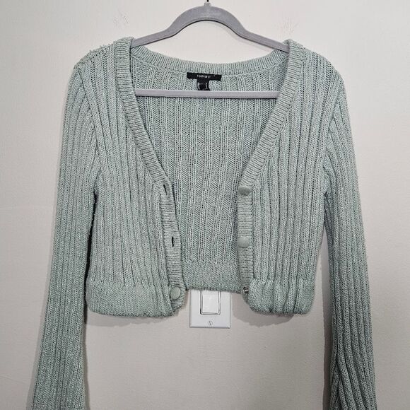 Forever 21 Ribbed Knit Cardigan Sweater Bell Sleeves Light Green Small - Picture 6 of 8